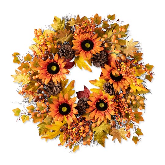 Glitzhome; Glitzhome® 24" Fall Sunflower, Maple Leaf & Berry Wreath; Category:Fall Wreaths; Image:1